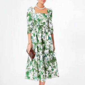 Cara Cara size 10 Blue Hill dress midi square neck white green floral 100% linen